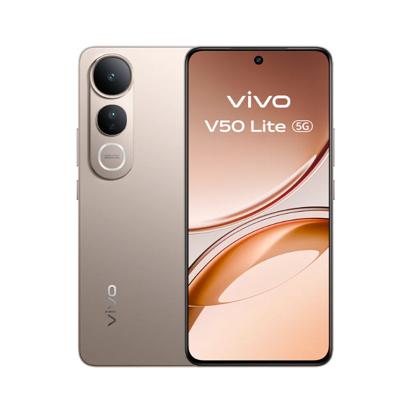 vivo V50 Lite 5G in Titanium Gold, back camera and front screen showing the model name